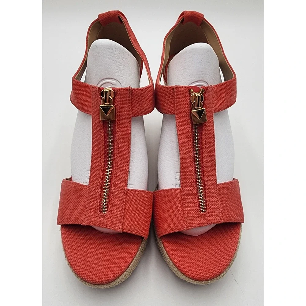 Michael Kors Damita Wedge Sandals Womens 9M Coral Orange Espadrille Zip NEW EXC